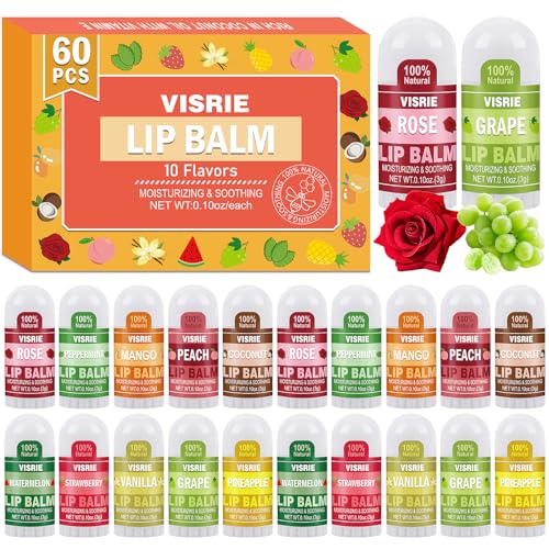 VISRIE Mini Lip Balm 20 Count, Lip Balm Bulk with Vitamin E & Coconut Oil, Moisturizing Lip Balm for Dry Cracked lips - 10 Flavors