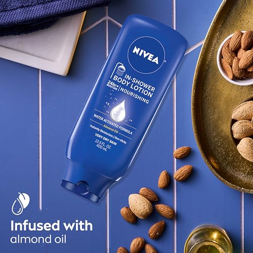 NIVEA Nourishing In Shower Lotion, Water-Activated Body Lotion Enriched with Almond Oil, Instant 24-Hour Moisture, 13.5 Fl Oz Bottle