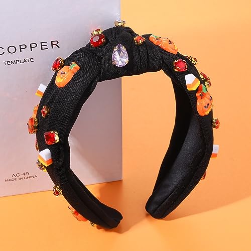 MOLOCH Halloween Headband Spooky Pumpkin Candy Corn Knotted Headband Jeweled Crystal Embellished Headband Black Halloween Costume Headwear Hair Accessories