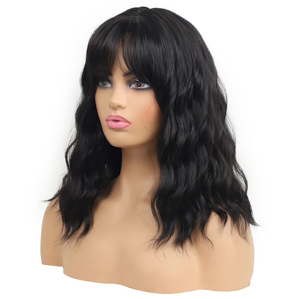 Sharebeauty Synthetic Bob Wig for Women Natural Wavy Curly Full Wig with Bangs Black