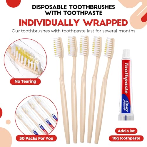 Qinyoung 30 Pack Disposable Toothbrushes with 10g Toothpaste Individually Wrapped Disposable Travel Toothbrushes Kit Bulk Toothbrushes for Homeless Nursing Home Hotel Charity