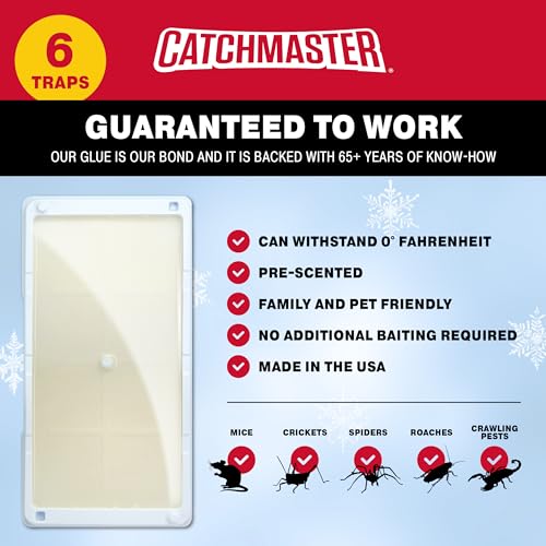 Catchmaster Cold Weather Glue Traps 6PK Mouse Traps Indoor for Home, Pest Control Adhesive Tray, Catch Bugs, Crickets, Spiders, Rats & Rodents, Pet Safe Pre-Baited Glue Boards for House, Shed & Garage