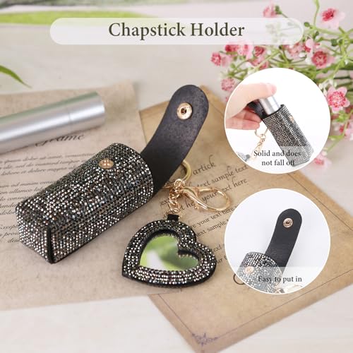 Lipstick Organizer Keychain, Rhinestone Lipstick Case with Mirror for Women, Portable Lipstick Leather Holder Lip Gloss Bag Lip Balm Case for Travel, Party, Holiday Gifts (Black)