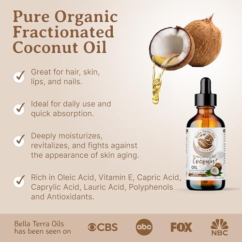 Bella Terra Oils - Organic Fractionated Coconut Oil (MCT) 4oz - Derived from Pure Coconut Essence, Abundant in Capric & Lauric Acid, Your Go-to Companion for Supple Skin