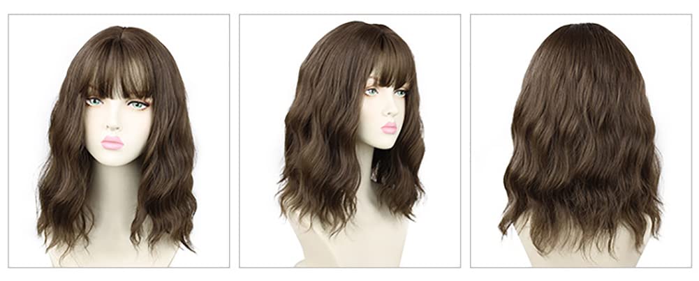 Sharebeauty Synthetic Bob Wig for Women Natural Wavy Curly Full Wig with Bangs Light Brown