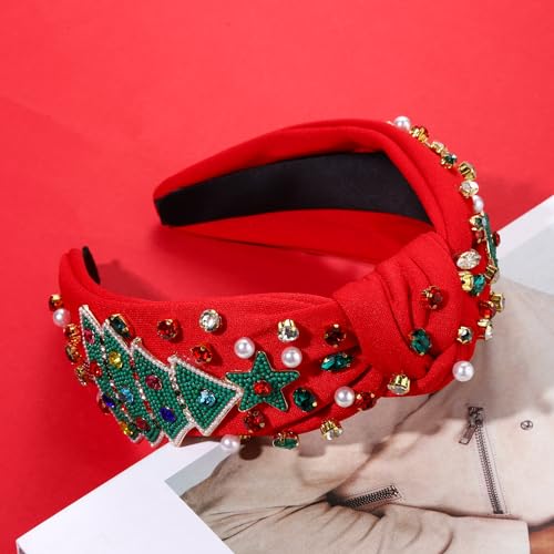 Christmas Headband for Women Jeweled Xmas Plaid Headband Embellished Crystal Pearl Knotted Headbands Wide Top Knot Holiday Headband Christmas Hair Accessories Holiday Outfits Gifts (Snowflake Red)