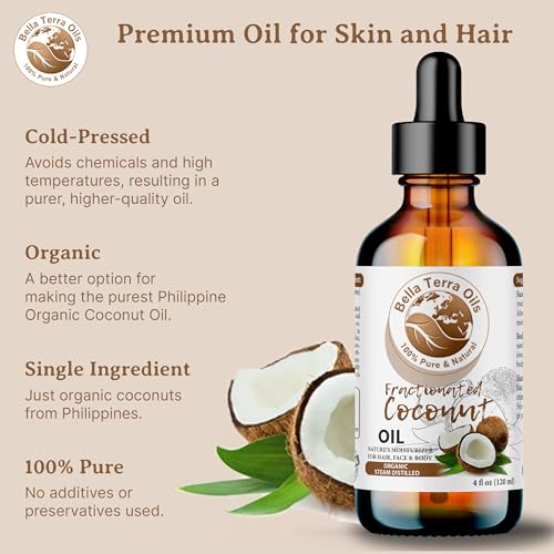 Bella Terra Oils - Organic Fractionated Coconut Oil (MCT) 4oz - Derived from Pure Coconut Essence, Abundant in Capric & Lauric Acid, Your Go-to Companion for Supple Skin