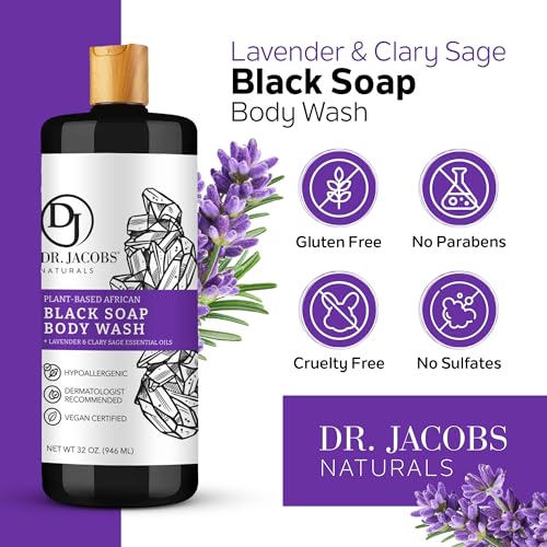 Dr Jacobs Naturals Authentic African Black Liquid Soap with Lavender & Sage Scent | All-In-One Face Wash, Sensitive Skin Body Wash, Shampoo, Shaving Soap | Moisturizing and Nourishing Formula 16oz 1pk