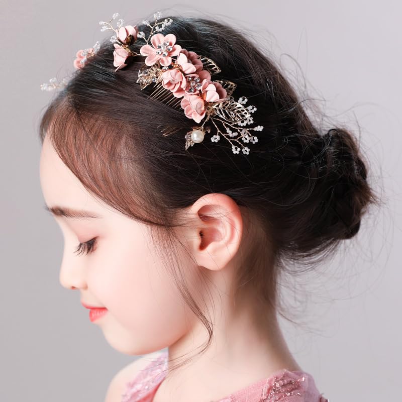 6 Pieces Pink Flowers Bride Wedding Hair Side Comb + U-Shaped Floral Hairpin Formal Ball Headwear Accessories Bride Bridesmaid Ladies Girls