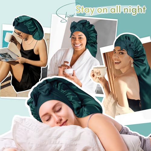 BONNET QUEEN Braid Bonnet Silk Bonnet Foldable Extra Long Bonnet for Braids Satin Bonnet for Sleeping Hair Bonnet with Tie Band Long Sleep Cap Darkish Green