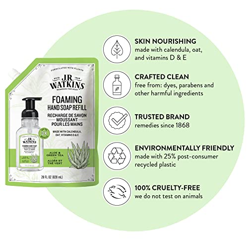 J.R. Watkins Foaming Hand Soap Refill Pouch, Scented Foam Handsoap for Bathroom or Kitchen, USA Made and Cruelty Free, Aloe & Green Tea, 28 Fl Oz (Pack of 6)