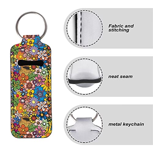 Suobstales Giraffe Butterfly Flower Print Travel Keychain Holders Kits, Travel Bottle Chapstick Lanyard Keychain Holders Set Neoprene Balm Holders Pouch Makeup Storage Organizer, Set of 3