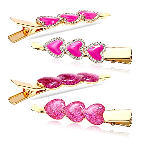 Valentine’s Day Hair Clips Sparkly Rhinestone Enamel Cupid Heart Hairpins for Women Girls Sweet Romantic Triple Love Alligator Clips Barrettes Pretty Styling Hair Accessory Party Gifts (4 packs) (A1:Rosy(rhinestone+glitter))