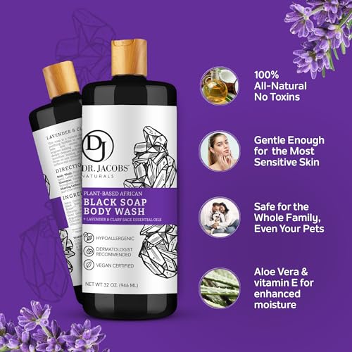 Dr Jacobs Naturals Authentic African Black Liquid Soap with Lavender & Sage Scent | All-In-One Face Wash, Sensitive Skin Body Wash, Shampoo, Shaving Soap | Moisturizing and Nourishing Formula 16oz 1pk