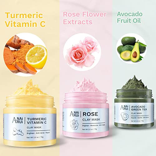 ANAI RUI Turmeric Vitamin C Clay Mask -Rose Facial Mask –Avocado Green Tea Mud Mask,Facial Mask Skincare for Deep Cleansing,Purify Pores SPA Mask Set,Facial Mask Set Gifts Set 2.5 oz each