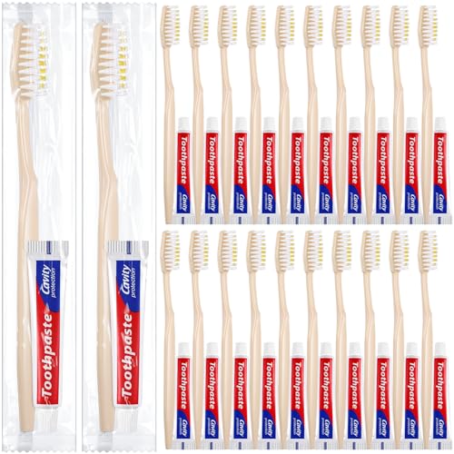 Qinyoung 30 Pack Disposable Toothbrushes with 10g Toothpaste Individually Wrapped Disposable Travel Toothbrushes Kit Bulk Toothbrushes for Homeless Nursing Home Hotel Charity