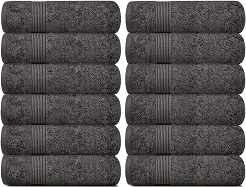 White Classic Resort Collection Soft Washcloth Face & Body Towel Set | 12x12 Luxury Hotel Plush & Absorbent Cotton Washclothes [12 Pack, Charcoal]