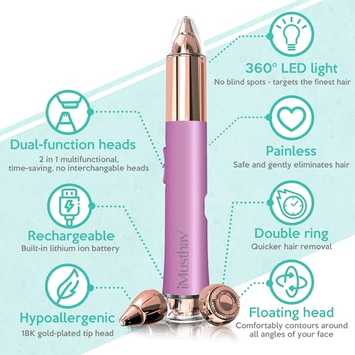 2-in-1 Portable Rechargeable Painless Eyebrow Trimmer & Facial Hair Remover, removes eyebrow, face, lips and body hair for women. 18K gold plated hypoallergenic heads, 360° LED light for Hair Remover