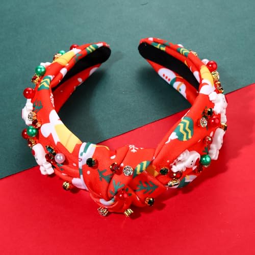 NVENF Christmas Headband for Women Jeweled Xmas Plaid Headband Embellished Crystal Pearl Knotted Headbands Wide Top Knot Holiday Headband Christmas Hair Accessories Holiday Outfits Gifts (Reindeer)