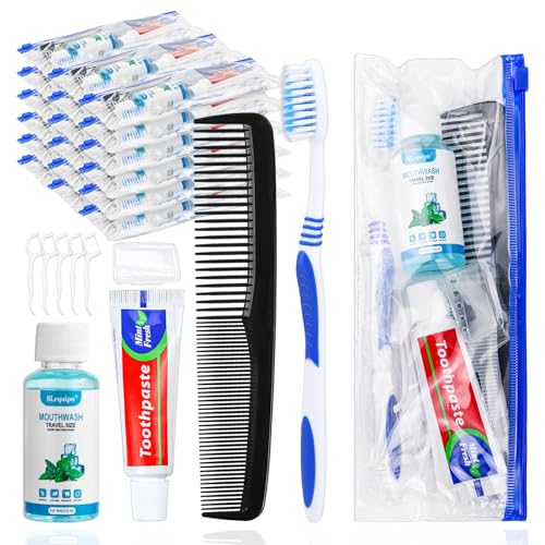 SLequipo 10 Set Travel Toothbrush Kit Bulk,Disposable Toothbrush with Toothpaste Set with Mouthwash,Toothpaste,Cover,Comb,Zip Bag,Floss Picks,Toothbrushes Set for Homeless,Travel