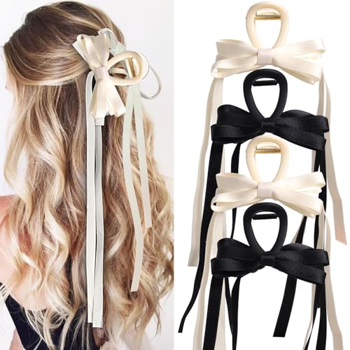 Vodolo Bow Hair Claw Clip for Women Girls,4 PCS Large Bow Hair Clips Tassel Ribbon Bowknot With Long Tail,Hair Bows Barrettes for Thick Thin Hair,Nonslip Hair Accessories Christmas Birthday Gifts