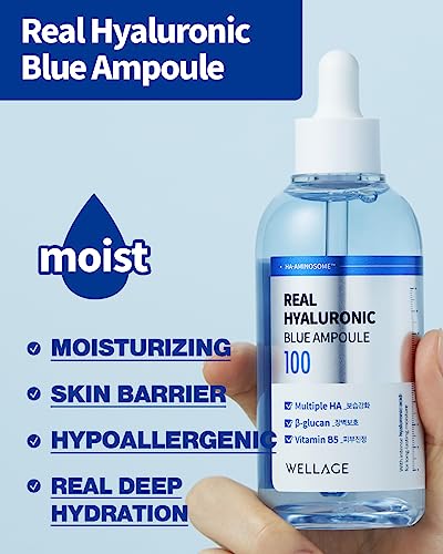 WELLAGE Real Hyaluronic Blue Ampoule 100, Fragrance Free Hyaluronic Acid Ampoule, Hydrating Non Sticky Serum for Sensitive Dry Skin, 1.01 fl.oz