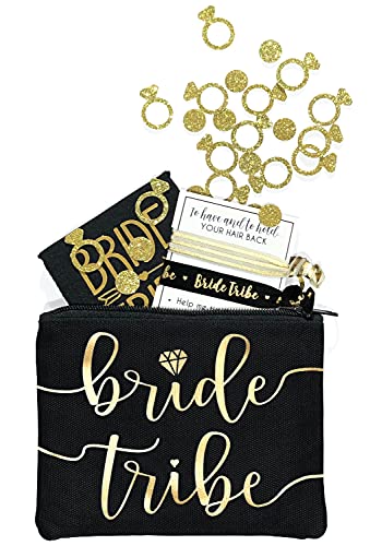 Bride Tribe Makeup Bags - Bridesmaid Favor for Bachelorette Party, Bridal Shower, Wedding. Cosmetics/Toiletries Bag, Wedding Survival Kit, Hangover Kit, Keepsake (3pc Bride Tribe, Black)