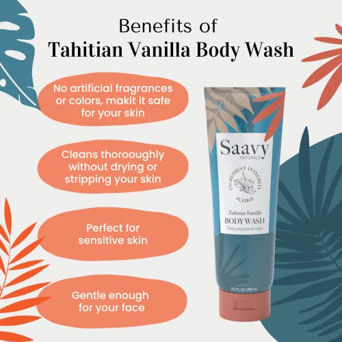 Saavy Naturals Tahitian Vanilla Body Wash, Moisturizing Shower Gel for Men & Women, Vegan Formula with Coconut Oil, Shea Butter, and Aloe Vera - 8.5 Fl Oz, 2 Pack Made in the USA