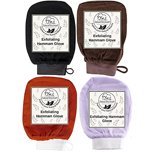 Natural Elephant Exfoliating Hammam Glove - Face and Body Exfoliator Mitt (Black, Brown, Orange, and Lilac (Pack of 4))