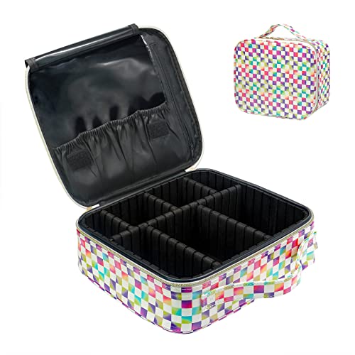 Anbaagsky PU Leather Cosmetic Bag Organizer Waterproof Colorful Checkered Makeup Bag with Adjustable Dividers Travel Makeup Bags