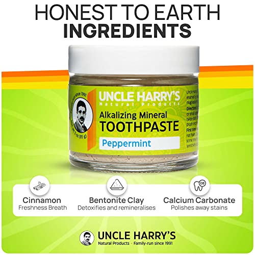 Uncle Harry's Peppermint Remineralizing Toothpaste | Natural Whitening Toothpaste Freshens Breath & Promotes Enamel | Vegan Fluoride Free Toothpaste