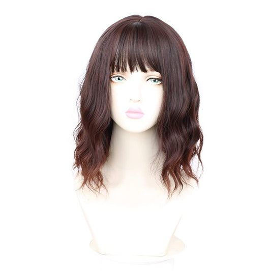 Sharebeauty Synthetic Bob Wig for Women Natural Wavy Curly Full Wig with Bangs Deep Brown