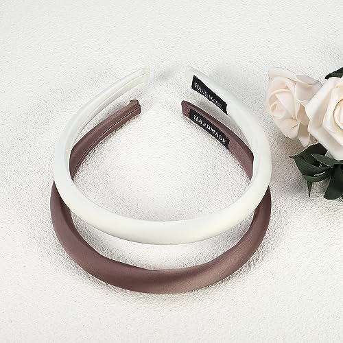 VOCOSTE 2 Pcs Solid Simple Silk Headbands, Fashion Hair Hoop for Women, Anti Slip Hair Accessories, White, Light Coffee, 0.59" Wide