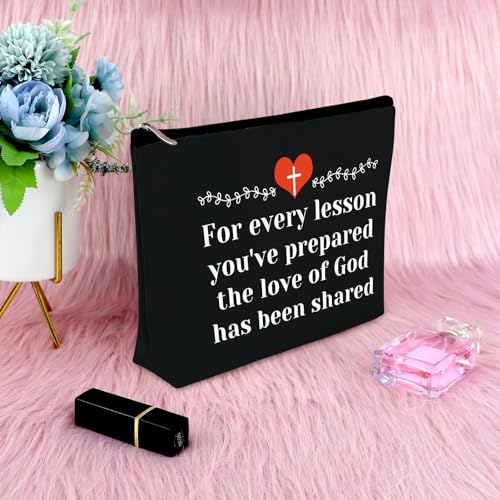 Sunday School Teacher Gift Makeup Bag Religious Gift for Women Teacher Appreciation Gift Cosmetic Bag Christian Gift for Her Funny Birthday Gift Thanksgiving Graduation Gift Travel Pouch（Black）