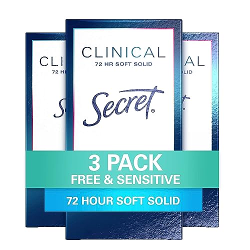 Secret Clinical Strength Antiperspirant and Deodorant for Women, Free & Sensitive, 3X Stress Sweat Protection, PH Balancing Minerals, Soft Solid, Unscented, 1.6 oz (Pack of 3)