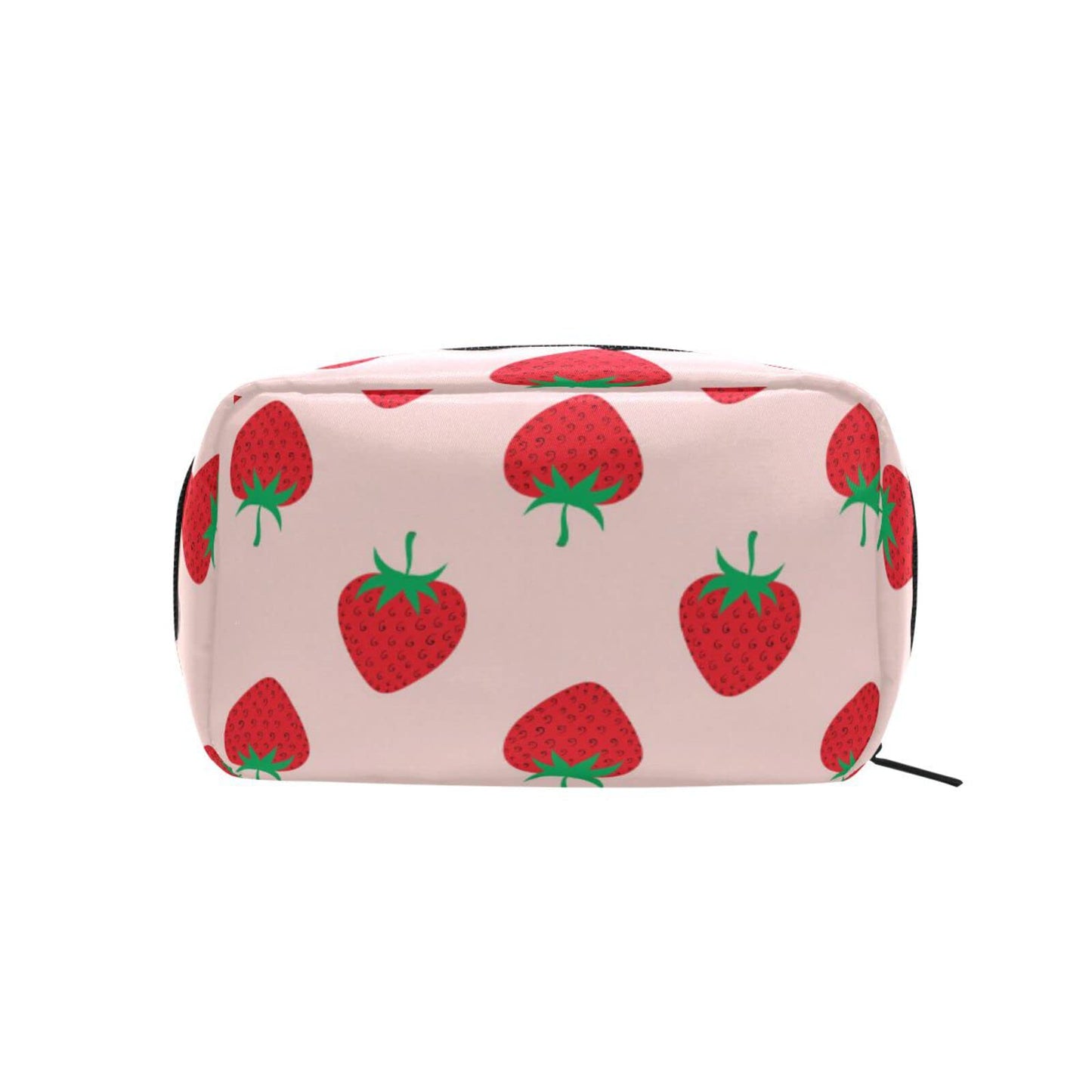 JHKKU Makeup Bag Strawberry Print Square Cosmetic Bag Portable Travel Toiletry Bag Black Zipper Storage Bag for Women