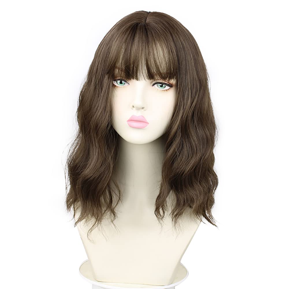 Sharebeauty Synthetic Bob Wig for Women Natural Wavy Curly Full Wig with Bangs Light Brown