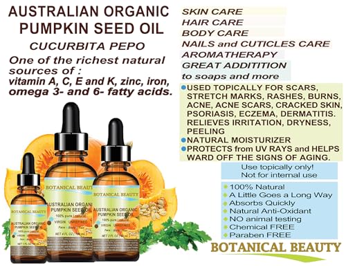 ORGANIC PUMPKIN SEED OIL Australian. 100% Pure/Natural/Undiluted/Unrefined Cold Pressed Carrier Oil. 1 Fl.oz.- 30 ml. For Skin, Hair, Lip And Nail Care. "One Of The Richest Sources Of Enzymes,