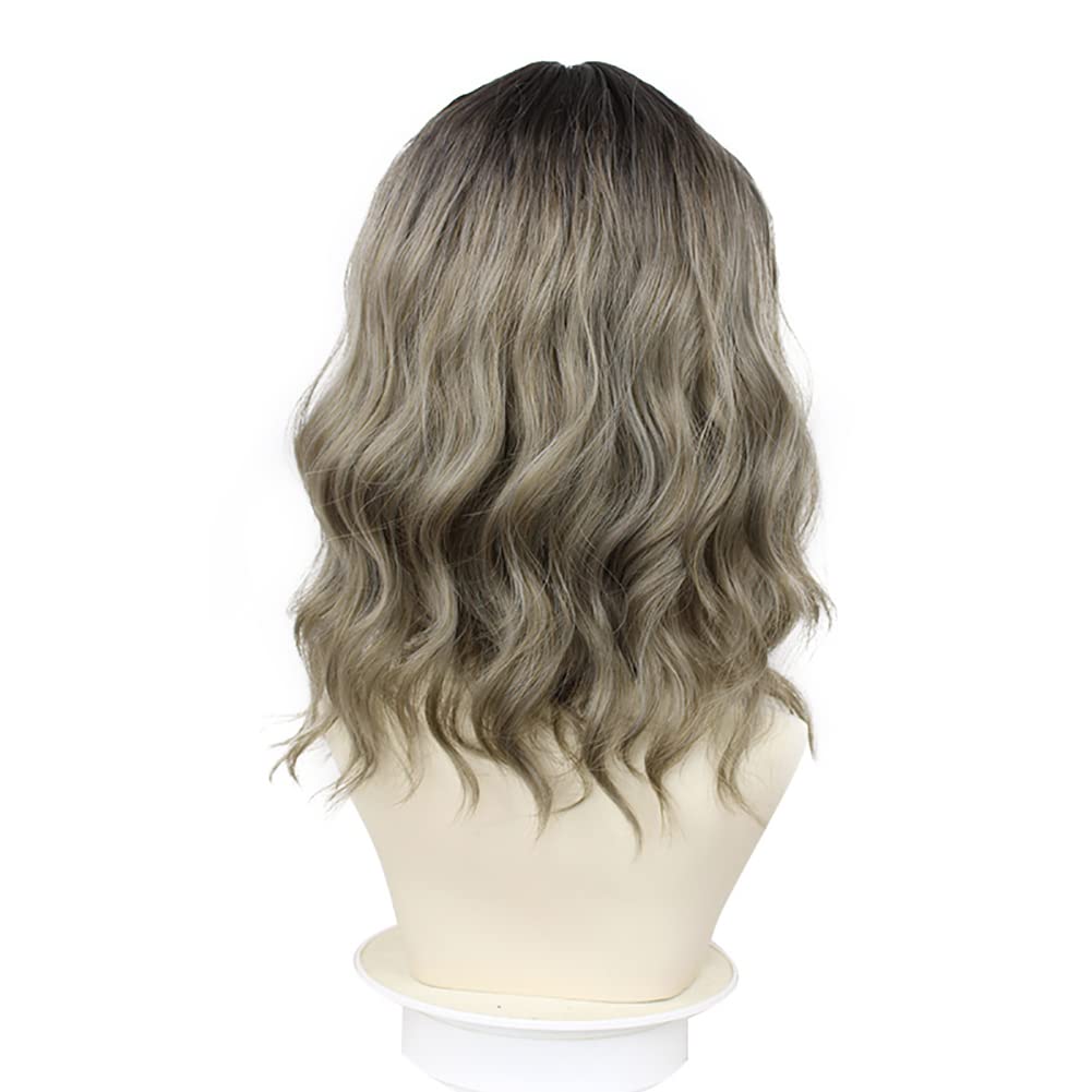 Sharebeauty Synthetic Bob Wig for Women Natural Wavy Curly Full Wig with Bangs Grey Flaxen Ombre