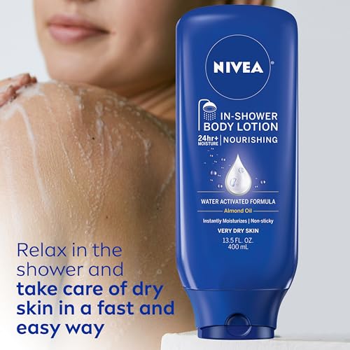 NIVEA Nourishing In Shower Lotion, Water-Activated Body Lotion Enriched with Almond Oil, Instant 24-Hour Moisture, 13.5 Fl Oz Bottle