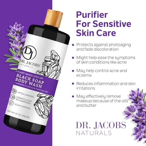 Dr Jacobs Naturals Authentic African Black Liquid Soap with Lavender & Sage Scent | All-In-One Face Wash, Sensitive Skin Body Wash, Shampoo, Shaving Soap | Moisturizing and Nourishing Formula 16oz 1pk