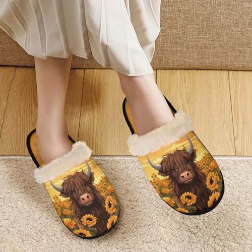 ZPINXIGN Sunflower Cow Slippers for Women Travel Home Winter Indoor Fuzzy Slipper Lightweight Bedroom House Slipper Soft Slipper Keep Warm Shoes