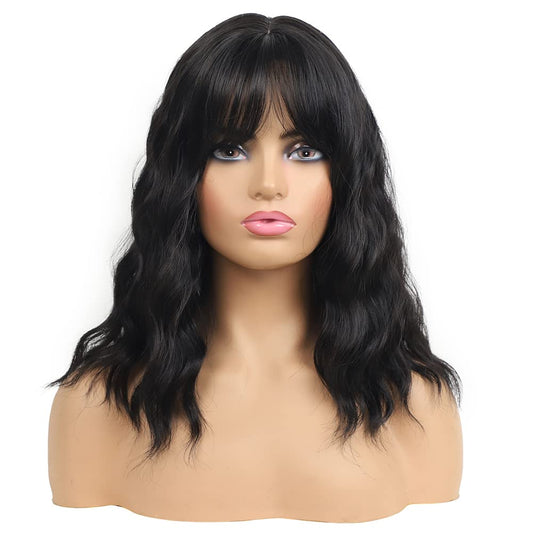 Sharebeauty Synthetic Bob Wig for Women Natural Wavy Curly Full Wig with Bangs Black