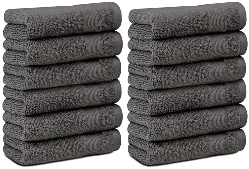 White Classic Resort Collection Soft Washcloth Face & Body Towel Set | 12x12 Luxury Hotel Plush & Absorbent Cotton Washclothes [12 Pack, Charcoal]