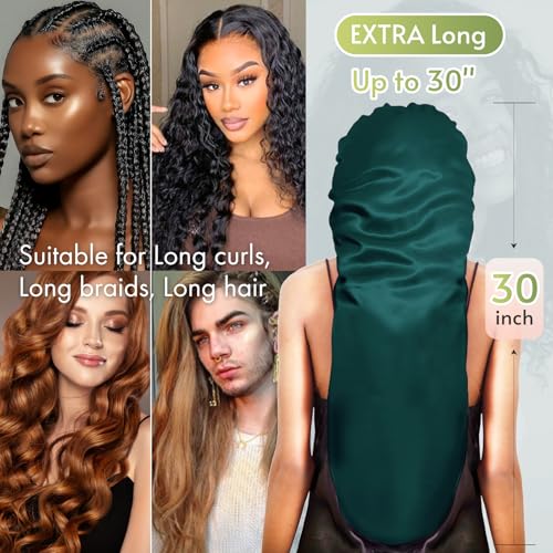 BONNET QUEEN Braid Bonnet Silk Bonnet Foldable Extra Long Bonnet for Braids Satin Bonnet for Sleeping Hair Bonnet with Tie Band Long Sleep Cap Darkish Green