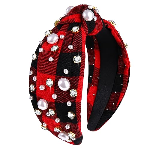 NVENF Christmas Headband for Women Jeweled Xmas Plaid Headband Embellished Crystal Pearl Knotted Headbands Wide Top Knot Holiday Headband Christmas Hair Accessories Holiday Outfits Gifts (Red)