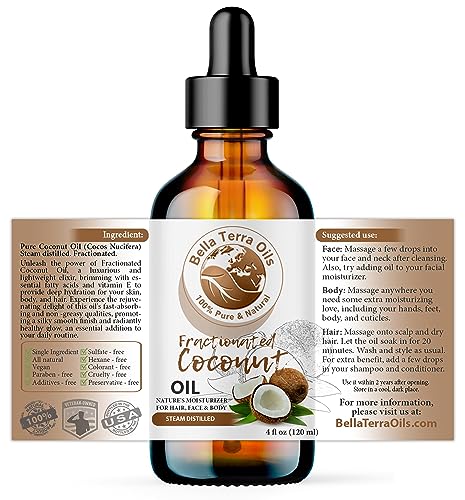 Bella Terra Oils - Organic Fractionated Coconut Oil (MCT) 4oz - Derived from Pure Coconut Essence, Abundant in Capric & Lauric Acid, Your Go-to Companion for Supple Skin