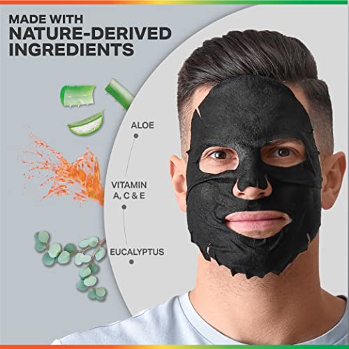 ODB for MEN Charcoal Essence Sheet Mask 12 PK Hydrating Aloe & Purifying Vitamin Mens Skin Care Sheet Masks for Face Mens Skin Care Kit bulk face masks skincare (Assort #2 (12pk) - for Beard Men)