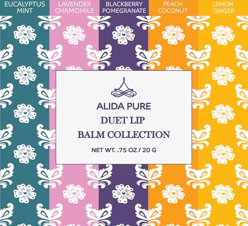 ALIDA PURE Duet Lip Balm Collection, Vegan Lip Balm Set, Beeswax Free, with Avocado Oil, Organic Jojoba Oil, and Vitamin E, Natural Moisturizer for Dry, Chapped Lips, 5 Tube Set