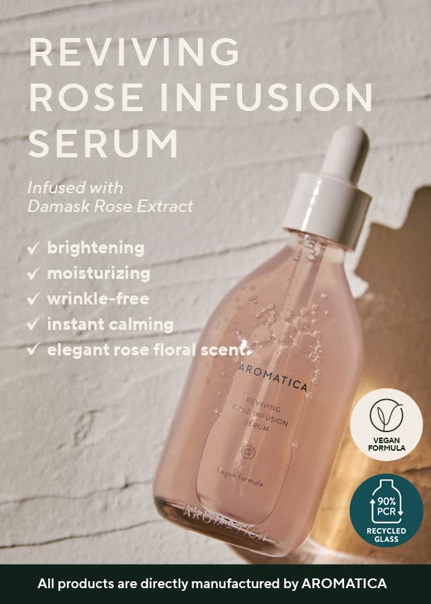 AROMATICA Reviving Rose Infusion Serum 3.38oz / 100ml, Vegan, Anti-aging hydrating serum, Glowing Serum for dry skin | with Damask Rose Water and Rose Oil